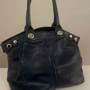 BANANA REPUBLIC Genuine Leather Tote Large Dark Blue Green Piping Studded Bag